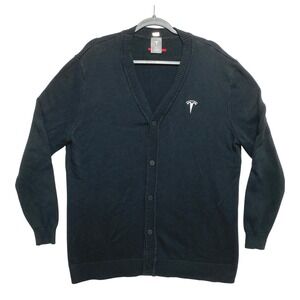Tesla Motors Cardigan Sweater Mens Large Black V-Neck Button Up Embroidered Logo
